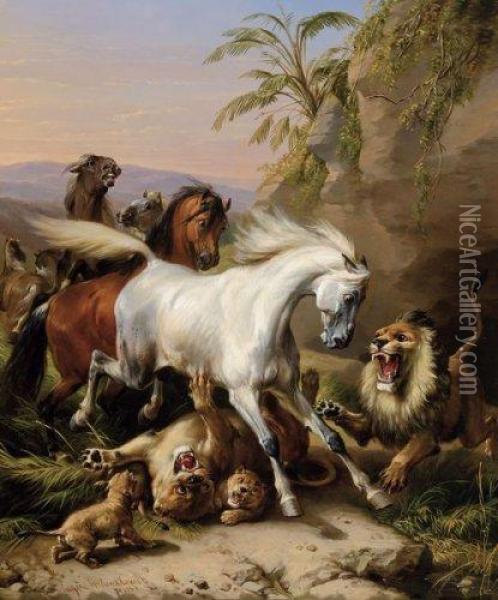 Chevaux Arabes Et Lions Dans Un Paysage Oriental Oil Painting - Eugene Joseph Verboeckhoven