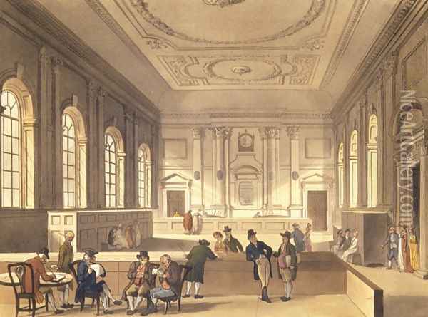 Dividend Hall at South Sea House, pub. by R. Ackermann, 1810 Oil Painting - T. Rowlandson & A.C. Pugin
