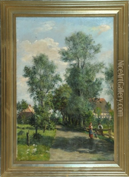 Unterhaltung Am Gartenzaun Oil Painting - Julius Hugo Bergmann