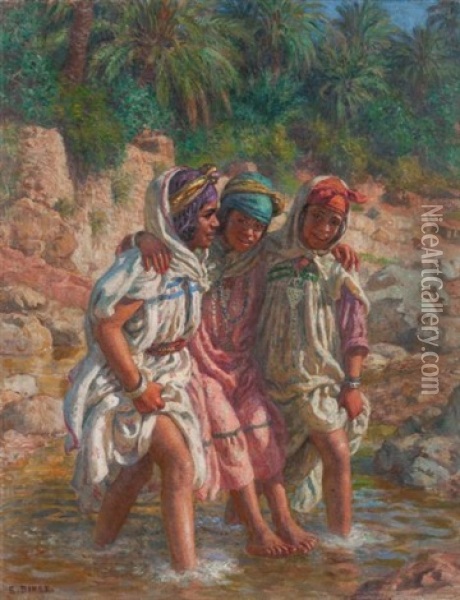 Trois Jeunes Filles Dans L'oued Oil Painting - Alphonse Etienne Dinet