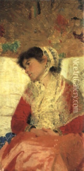 Lille Siddende Pige Med Kyse Og R+d Kjole Oil Painting - Giacomo Di Chirico