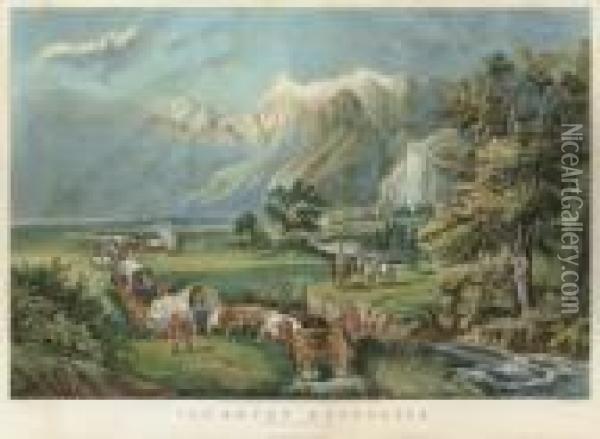 The Rocky Mountiains Oil Painting - Currier & Ives Publishers
