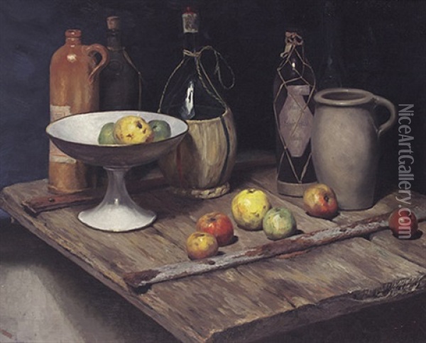 Stilleben Mit Apfeln Und Verschiedenen Alten Flaschen, Malerisch Arrangiert Auf Altem Brett Oil Painting - Fritz Ruppert