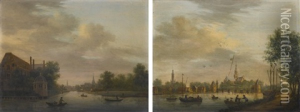 View Of An Amsterdam Canal Near The Timber Yards, With Figures In Boats, A Pavilion On The Bank; View Of A Canal With A Drawbridge, With Figures In Boats And On The Bank, A Church Beyond Oil Painting - Paulus Constantijn la (La Fargue) Fargue