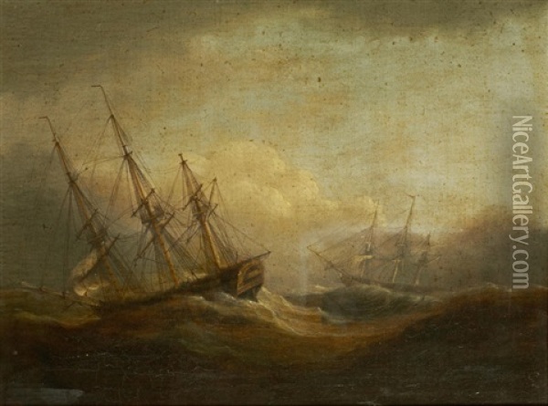Sailing Vessels On A Rough Sea; And Companion Oil Painting - Thomas Luny
