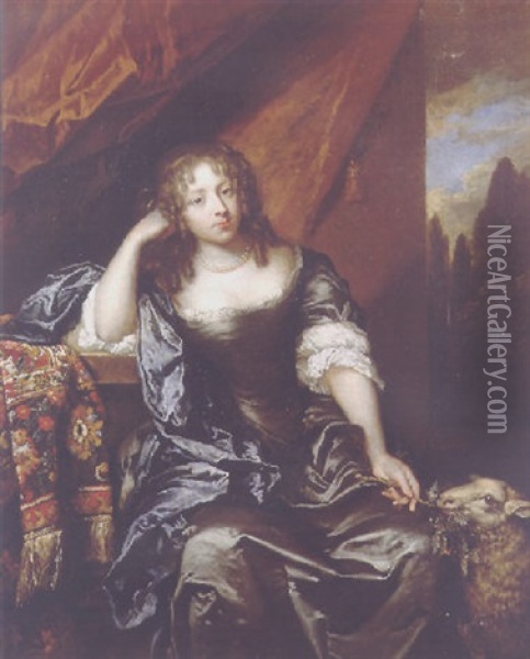 Portrait Of A Lady Seated On A Draped Balcony, Wearing Silk Dress With Lace Chemise, Blue Wrap And Pearl Necklace, Holding A Branch Oil Painting - Caspar Netscher
