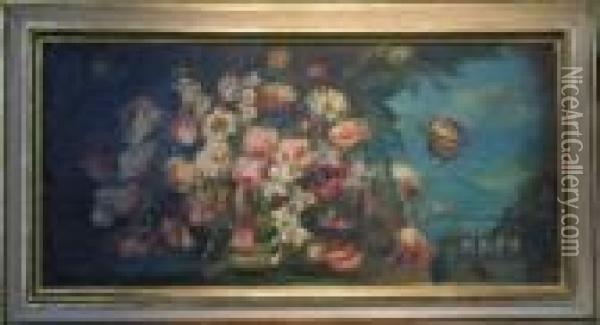 Floral Still Life In A Garden Setting Oil Painting - Gasparo Lopez