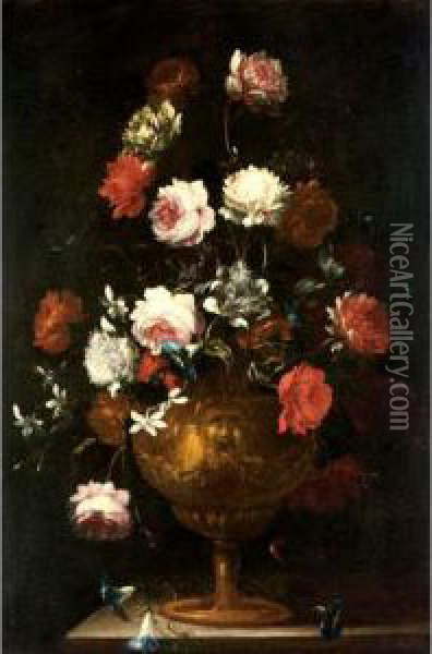 Still Life With Various Flowers In A Gilt Urn On A Stone Ledge Oil Painting - Andrea Scaccati