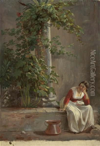 Sitzende Italienerin An Einer Von Pflanzen Umrankten Saule Oil Painting - Karl von Blaas