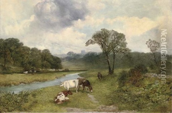 Cattle Grazing Beside The River Wye, With Haddon Hall Beyond Oil Painting - James Peel