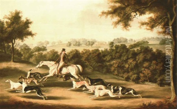 Portrait Of A Servant & Horse & Favourite Grey Hounds At    Exercise Belonging To Colonel Newport Charlett Oil Painting - William Henry Davis