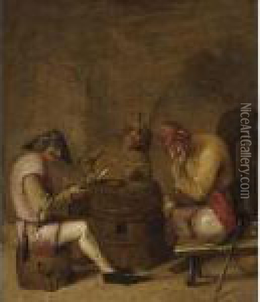 Three Merry Peasants Smoking In An Interior With Another Man Nearby Oil Painting - Adriaen Brouwer