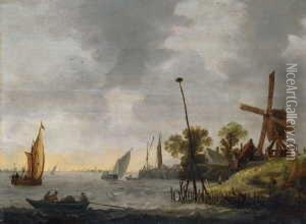 Flusslandschaft Mit
 Windmuhle. Oil Painting - Wouter Knijff