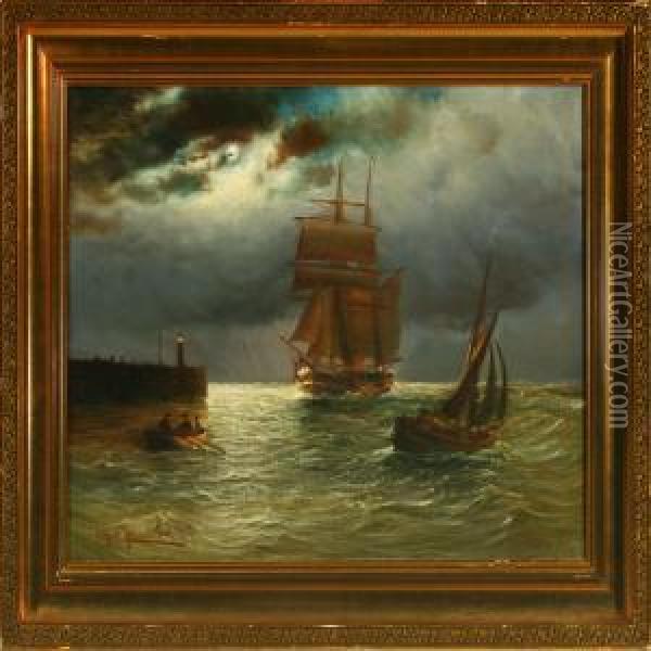 Seascape With Sailing Ship And Rowing Boat In The Moonlight Oil Painting - Alfred Jensen