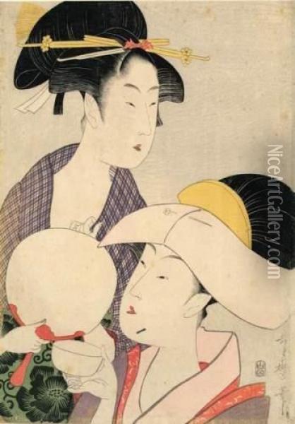 Femme Elegante A L'eventail. Oil Painting - Kitagawa Utamaro