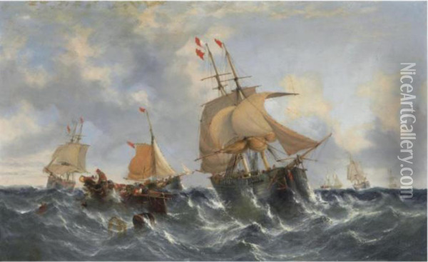 Sailing On Choppy Waters Oil Painting - William Calcott Knell