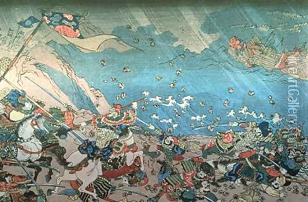 Nichiren summoning the divine Shinpu wind to destroy the Mongol Chinese fleet attacking Japan in 13th century Oil Painting - Utagawa Kuniyoshi