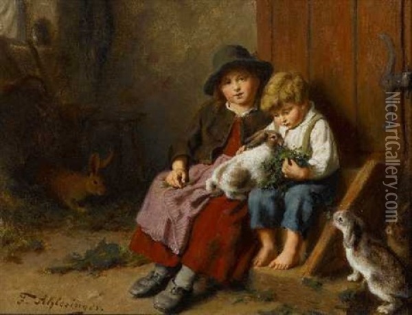 Zwei Kinder Beim Futtern Von Hasen Im Stall Oil Painting - Felix Schlesinger