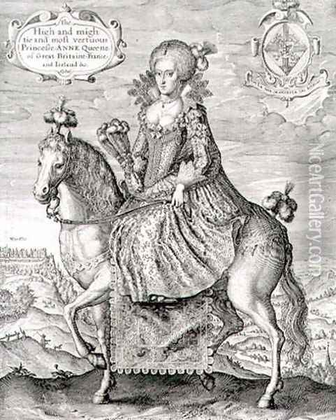 Equestrian Portrait of Anne of Denmark 1574-1619 engraved by the artist, pub. by Compton Holland, 1616 Oil Painting - Simon de Passe