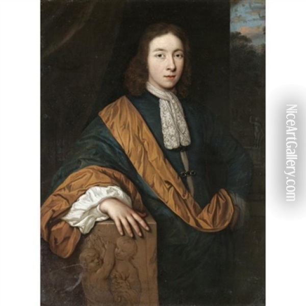Portrait Of A Gentleman, Three-quarter Length, Wearing A Blue Cloak With A Yellow Sash Oil Painting - Gerard Hoet the Elder