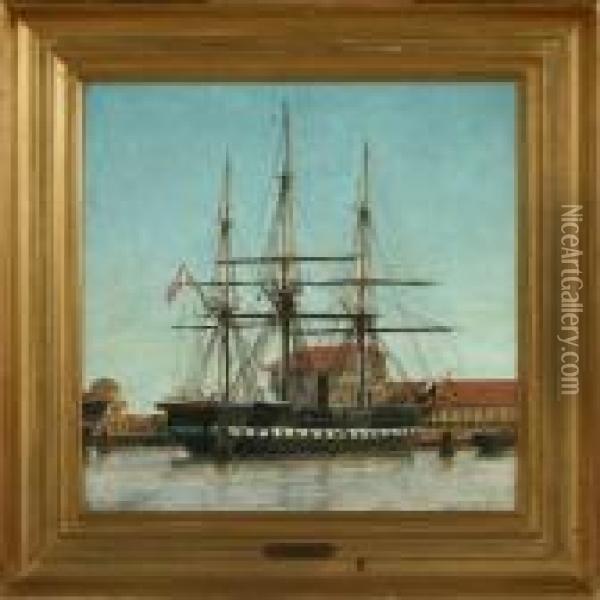 The Danish Frigateniels Juel At The Quay Oil Painting - Christian Vigilius Blache