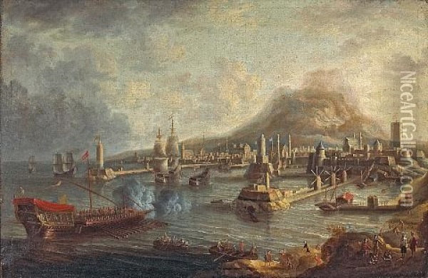 A Capriccio Of A Mediterranean Port With Ships In A Busy Harbor Oil Painting - Jan Peeters the Elder