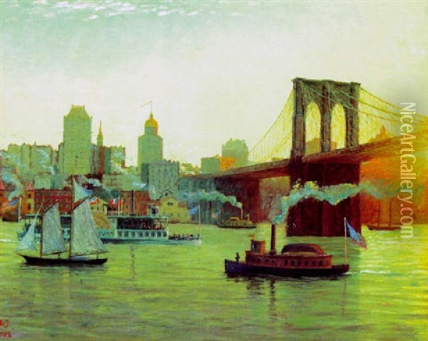New York Mit Brooklyn Bridge Am Morgen Oil Painting - Niels Jorgensen