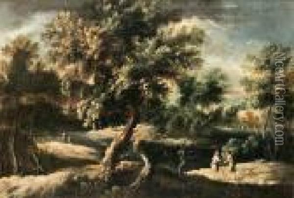 Landskap Med Figurer Och Annalkande Ovader Oil Painting - Salvator Rosa