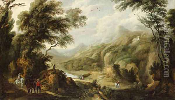 Mounted travellers and peasants in an extensive wooded landscape Oil Painting - Johannes Tilens