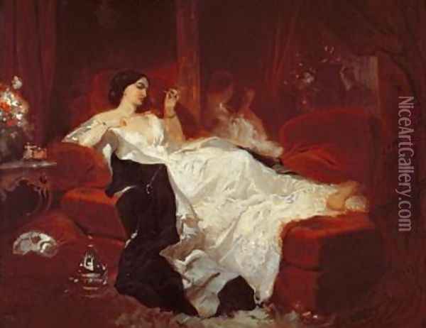 Woman on a red sofa Oil Painting - Eugene Louis Lami