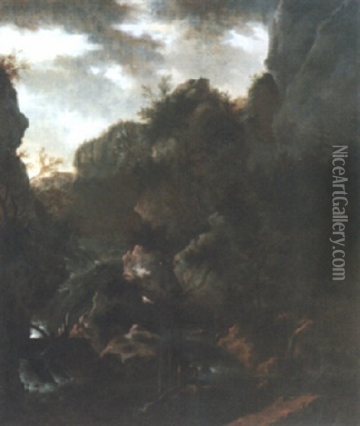 Cascade In A Rocky Wooded Landscape Oil Painting - Frederick De Moucheron