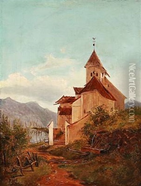 Landscape With Church In Southern Europe Oil Painting - Edvard Michael Jensen