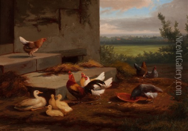 Kippen En Eenden Op Een Boerenerf Oil Painting - Jean-Baptiste Leopold van Leemputten