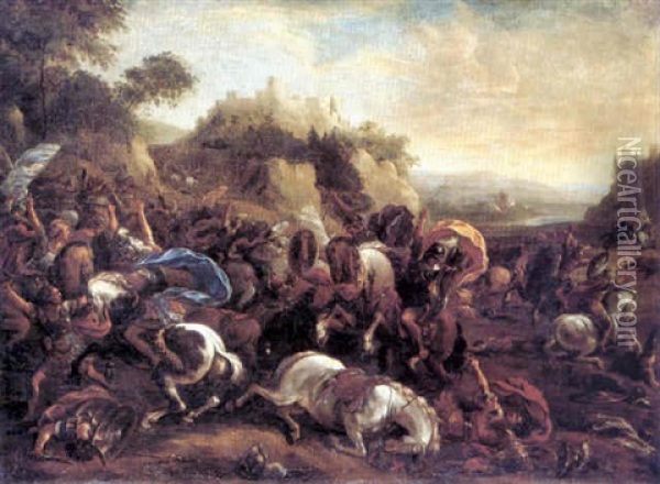 A Cavalry Engagement Beneath A Citadel Oil Painting - Francesco Monti