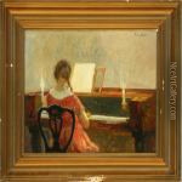 Interior With A Girl Playing Piano Oil Painting - Poul Friis Nybo