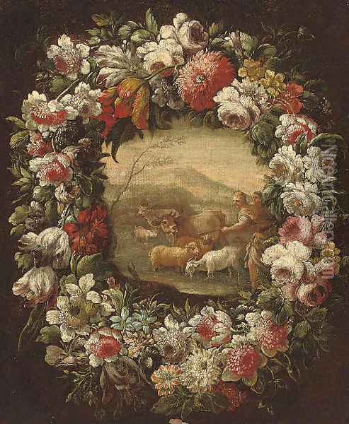 A shepherd and shepherdess with their flock, in a floral cartouche Oil Painting - Neapolitan School