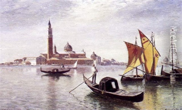 Fra Venedig Med Gondoler I Forgrunden Oil Painting - Niels Frederik Schiottz-Jensen