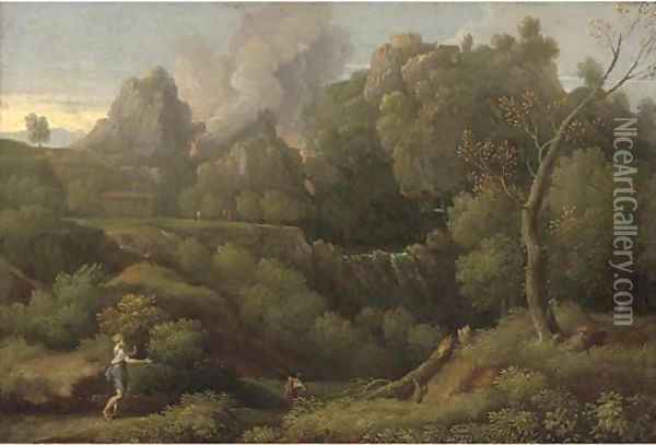 A wooded landscape with figures in the foreground, a volcano erupting beyond Oil Painting - Jan Frans Van Bloemen (Orizzonte)