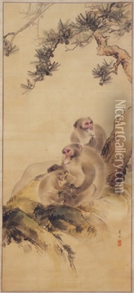 Asai Seishu (1796-1862): Monkey Family On A High Oil Painting - Asai Seishu