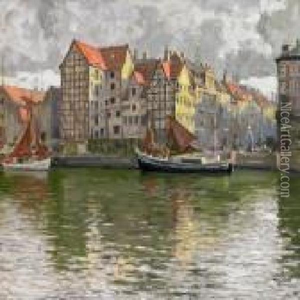 Scenery From Christianshavn Canal, Copenhagen, With The Laterdemolished Buildings Oil Painting - Paul-Gustave Fischer