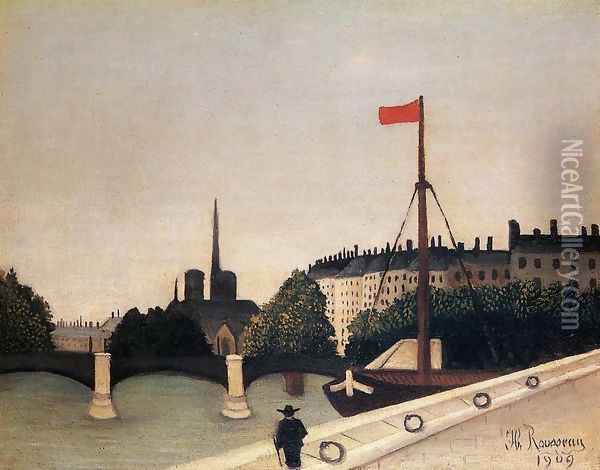Notre Dame: View of the Ile Saint-Louis from the Quai Henri IV Oil Painting - Henri Julien Rousseau