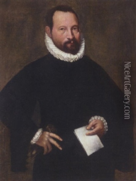 Portrait Of A Gentleman Wearing Black, Holding A Letter And A Pair Of Gloves Oil Painting - Giovanni Battista Moroni