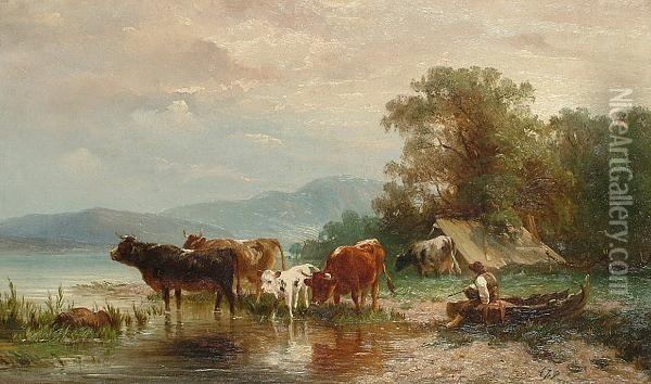 Cattle By The Waterside. Oil Painting - Albert Jurardus van Prooijen