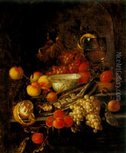 Still Life With Grapes, Peaches And Other Fruits With A Herring On A Pewter Plate Oil Painting - Jan Pauwel Gillemans The Elder