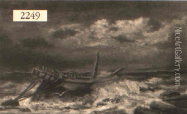 Sailing Vessel In Choppy Water On Rocks Oil Painting - Robert B. Hopkin