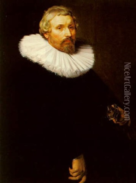 A Portrait Of A Man Aged 53, Dressed In Black With A Lace Collar Oil Painting - Abraham de Vries