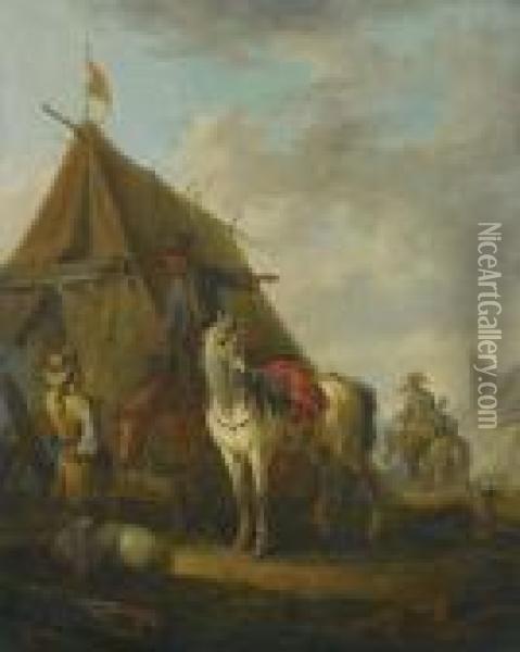 Horsemen At Camp. Oil Painting - Lambert de Hondt