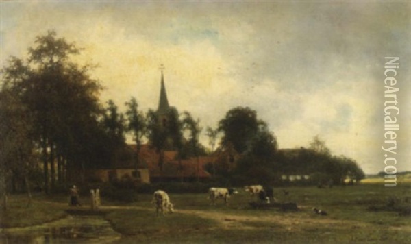 A Farmyard Scene With Cows In The Foreground Oil Painting - Jan Frederik Van Deventer