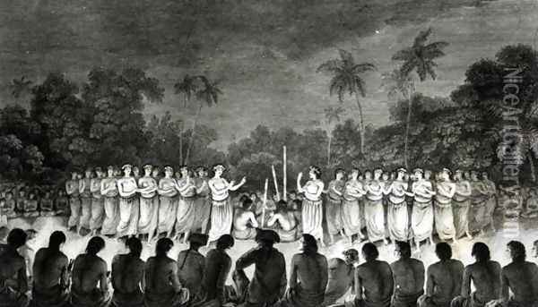 Native Inhabitants of the Friendly Islands Dancing in Hapee, from the 'Third Voyage Atlas of Captain James Cook (1728-79) 1777 Oil Painting - John Webber