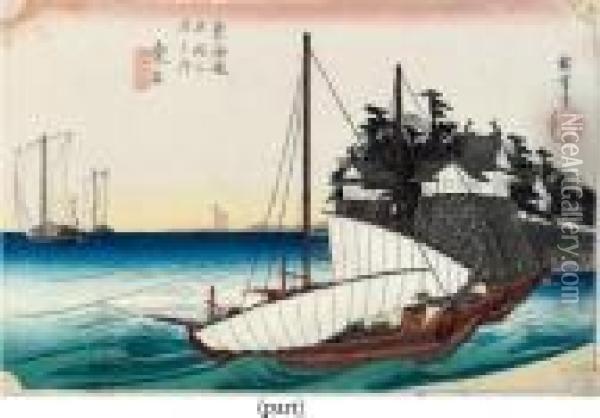 Kuwana Shichiri Watashiguchi [landing Entry Of The Seven-ri Ferry, Kuwana] Oil Painting - Utagawa or Ando Hiroshige